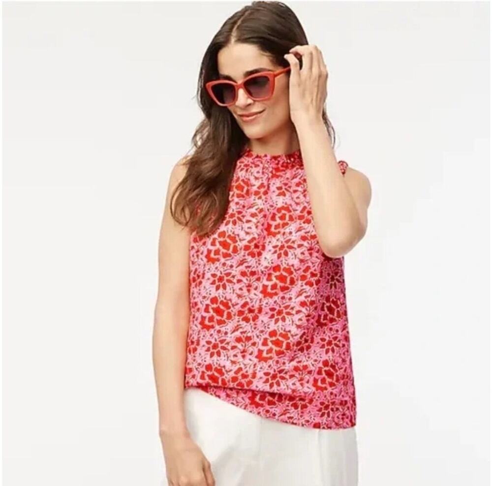 NWT J. Crew Printed Linen-Blend Ruffleneck Top Size S